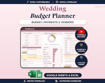 May include: A digital wedding budget planner dashboard for Google Sheets and Excel. The interface displays a money snapshot, payment radar, and vendor costs in a pink and dark theme. Includes icons for tutorials, payments, and vendors.