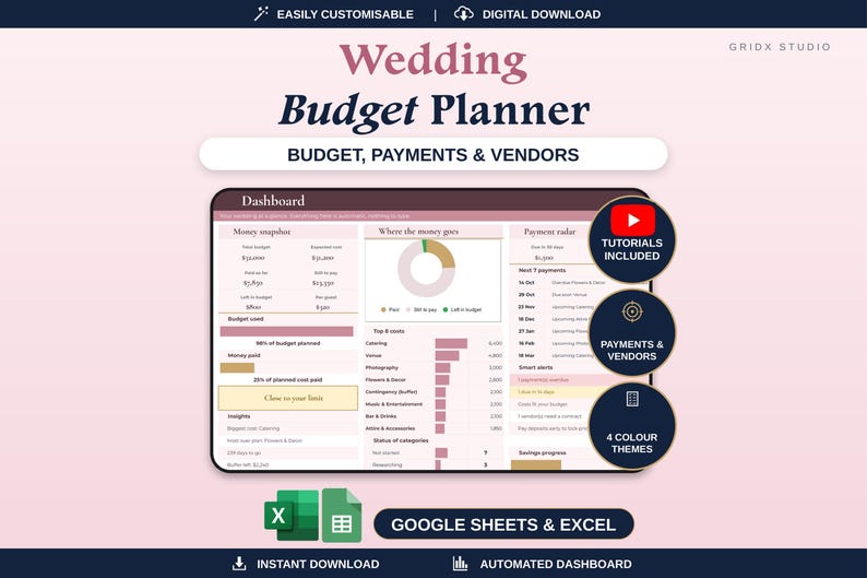 Puede incluir: Un panel digital de planificaci&oacute;n de presupuesto de bodas para Google Sheets y Excel. La interfaz muestra un resumen financiero, un radar de pagos y los costes de los proveedores en un tema de color rosa y oscuro.