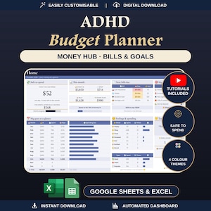 K&ouml;nnte beinhalten: Ein digitales ADHD Budget Planner Dashboard f&uuml;r Google Sheets und Excel. Die Benutzeroberfl&auml;che enth&auml;lt Bereiche f&uuml;r Geld, Rechnungen und Ziele sowie einen Startbildschirm mit Ausgaben-Trackern, monatlichen Zusammenfassungen und Diagrammen. Der Text umfasst ADHD Budget Planner, Money Hub, Bills & Goals, Tutorials Included, Safe to Spend und 4 Colour Themes.