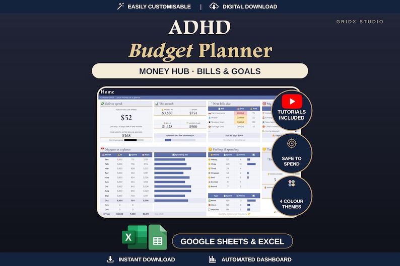 K&ouml;nnte beinhalten: Ein digitales ADHD Budget Planner Dashboard f&uuml;r Google Sheets und Excel. Die Benutzeroberfl&auml;che enth&auml;lt Bereiche f&uuml;r Geld, Rechnungen und Ziele sowie einen Startbildschirm mit Ausgaben-Trackern, monatlichen Zusammenfassungen und Diagrammen. Der Text umfasst ADHD Budget Planner, Money Hub, Bills & Goals, Tutorials Included, Safe to Spend und 4 Colour Themes.