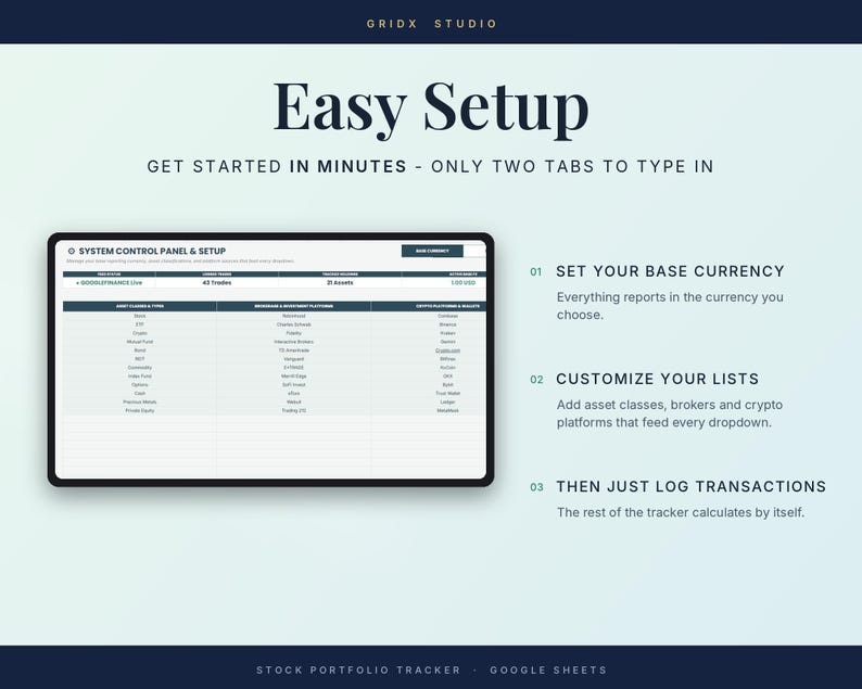 Puede incluir: Un gr&aacute;fico digital para un rastreador de cartera de acciones titulado Easy Setup. Muestra una tableta con una hoja de c&aacute;lculo System Control Panel & Setup, junto con tres pasos numerados para configurar la moneda, personalizar listas y registrar transacciones.