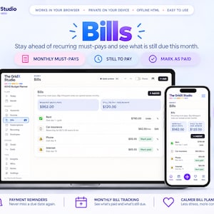 May include: A digital interface for The GridX Studio ADHD Budget Planner displayed on a laptop and smartphone. The screen shows a bills tracking dashboard with categories for monthly must-pays, still to pay, and mark as paid options.