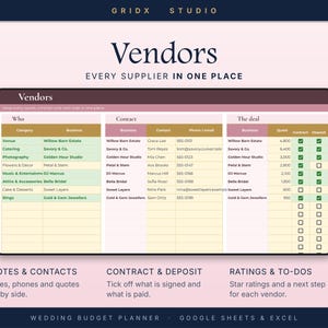 Puede incluir: Una hoja de c&aacute;lculo digital para el seguimiento de proveedores de bodas titulada Vendors, Every Supplier In One Place. La tabla incluye columnas para Who, Contact y The Deal, con filas para lugar, catering, fotograf&iacute;a, flores, m&uacute;sica, vestuario, pastel y anillos.