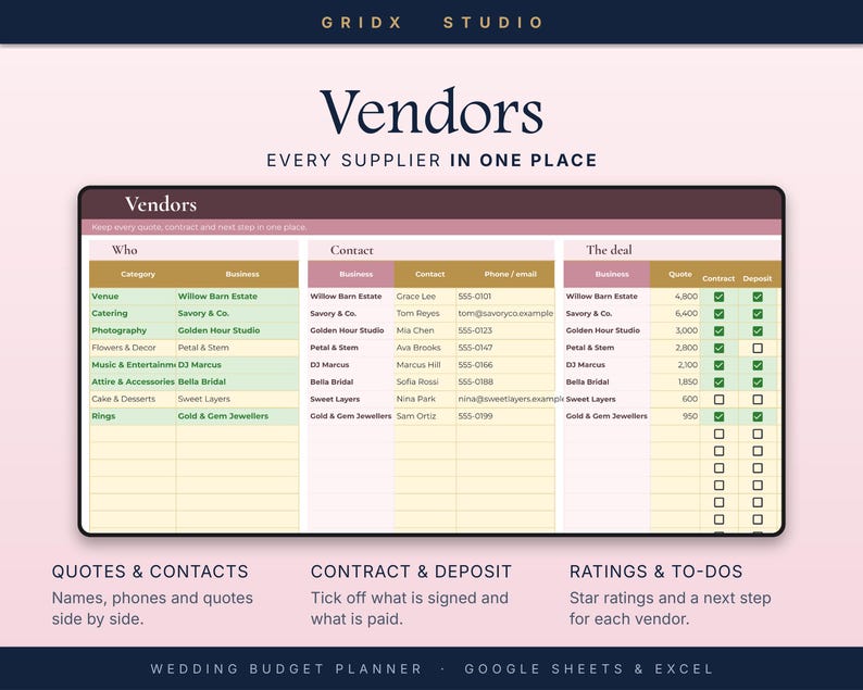 Puede incluir: Una hoja de c&aacute;lculo digital para el seguimiento de proveedores de bodas titulada Vendors, Every Supplier In One Place. La tabla incluye columnas para Who, Contact y The Deal, con filas para lugar, catering, fotograf&iacute;a, flores, m&uacute;sica, vestuario, pastel y anillos.