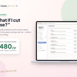 Puede incluir: Una pantalla de ordenador muestra una interfaz de software titulada The GridX Studio con una p&aacute;gina de Savings Scenarios. El texto dice What if I cut these? y Potential Savings Found $480/yr. Se ve una lista de suscripciones.