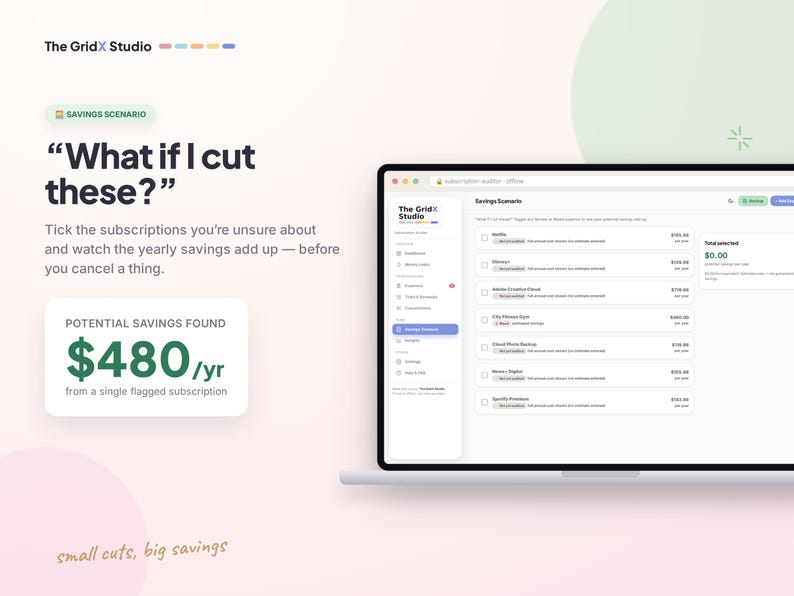 Puede incluir: Una pantalla de ordenador muestra una interfaz de software titulada The GridX Studio con una p&aacute;gina de Savings Scenarios. El texto dice What if I cut these? y Potential Savings Found $480/yr. Se ve una lista de suscripciones.