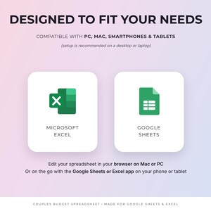 May include: A digital product graphic titled DESIGNED TO FIT YOUR NEEDS. It features icons for Microsoft Excel and Google Sheets, noting compatibility with PC, Mac, smartphones, and tablets. The text includes instructions for editing in a browser or via apps.
