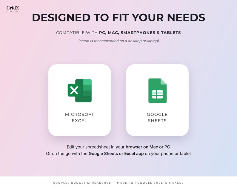 May include: A digital product graphic titled DESIGNED TO FIT YOUR NEEDS. It features icons for Microsoft Excel and Google Sheets, noting compatibility with PC, Mac, smartphones, and tablets. The text includes instructions for editing in a browser or via apps.