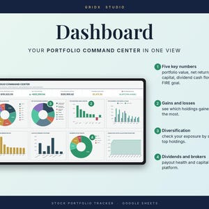 Puede incluir: Un panel de control digital de cartera mostrado en una pantalla, con varios gr&aacute;ficos financieros, diagramas y puntos de datos. La interfaz incluye secciones para cifras clave, ganancias, p&eacute;rdidas, diversificaci&oacute;n, dividendos y corredores para el seguimiento de inversiones.