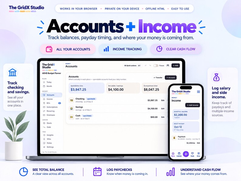 May include: A digital interface for The GridX Studio ADHD Budget Planner displayed on a laptop and smartphone. The screen shows account balances, income tracking, and financial categories with text including Accounts + Income, Track checking and savings, and Log salary and side income.
