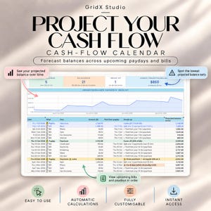 May include: A digital cash flow calendar template by GridX Studio featuring a line graph for projected balances, a detailed table of dates, bills, and paychecks, plus callout boxes for financial tracking and automated calculation features.