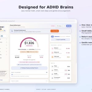 Peut inclure: Une interface num&eacute;rique pour le planificateur budg&eacute;taire ADHD Paycheck Budget Planner de The GridX Studio. Le tableau de bord affiche des donn&eacute;es financi&egrave;res, dont un montant disponible de 1 826 $, des limites de d&eacute;penses et des factures &agrave; venir.