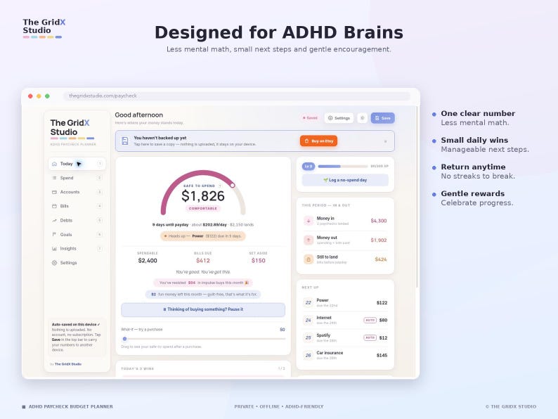 Peut inclure: Une interface num&eacute;rique pour le planificateur budg&eacute;taire ADHD Paycheck Budget Planner de The GridX Studio. Le tableau de bord affiche des donn&eacute;es financi&egrave;res, dont un montant disponible de 1 826 $, des limites de d&eacute;penses et des factures &agrave; venir.
