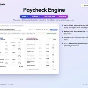 May include: A digital budget system interface titled Paycheck Engine by The GridX Studio. The display features a zero-based paycheck-by-paycheck spreadsheet with columns for bills, envelopes, types, allocated amounts, and shift options for financial planning.