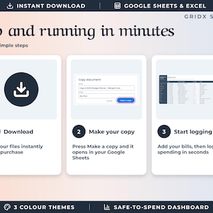 May include: A digital instructional graphic titled Up and running in minutes by GRIDX STUDIO. It outlines three steps: 1 Download, 2 Make your copy, and 3 Start logging, featuring icons and screenshots for a Google Sheets budget planner.