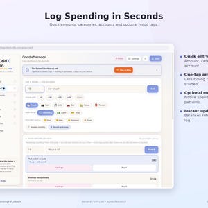 Peut inclure: Une interface num&eacute;rique pour le planificateur budg&eacute;taire The GridX Studio affichant un &eacute;cran de journal des d&eacute;penses avec des champs pour les montants, cat&eacute;gories et humeurs. La mise en page inclut une navigation lat&eacute;rale et des boutons.