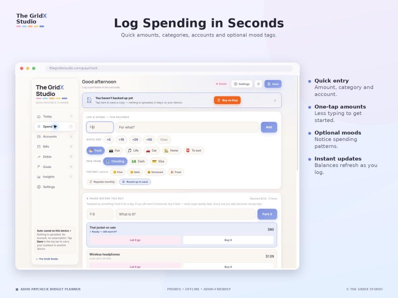 Peut inclure: Une interface num&eacute;rique pour le planificateur budg&eacute;taire The GridX Studio affichant un &eacute;cran de journal des d&eacute;penses avec des champs pour les montants, cat&eacute;gories et humeurs. La mise en page inclut une navigation lat&eacute;rale et des boutons.