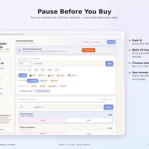 Peut inclure: Une interface num&eacute;rique pour le planificateur budg&eacute;taire ADHD Paycheck de The GridX Studio. L'&eacute;cran affiche un tableau de bord financier avec une section Pause Before You Buy, des champs de saisie, des ic&ocirc;nes et une liste d'articles.