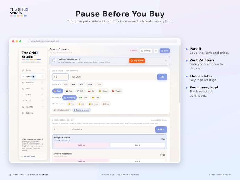 Peut inclure: Une interface num&eacute;rique pour le planificateur budg&eacute;taire ADHD Paycheck de The GridX Studio. L'&eacute;cran affiche un tableau de bord financier avec une section Pause Before You Buy, des champs de saisie, des ic&ocirc;nes et une liste d'articles.