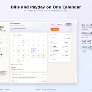 Peut inclure: Une interface de planificateur budg&eacute;taire num&eacute;rique intitul&eacute;e The GridX Studio, affichant un calendrier de septembre 2026, une liste de suivi des factures et une pile d'abonnements. La mise en page inclut une barre lat&eacute;rale avec des ic&ocirc;nes.