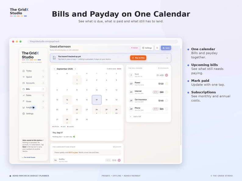 Peut inclure: Une interface de planificateur budg&eacute;taire num&eacute;rique intitul&eacute;e The GridX Studio, affichant un calendrier de septembre 2026, une liste de suivi des factures et une pile d'abonnements. La mise en page inclut une barre lat&eacute;rale avec des ic&ocirc;nes.