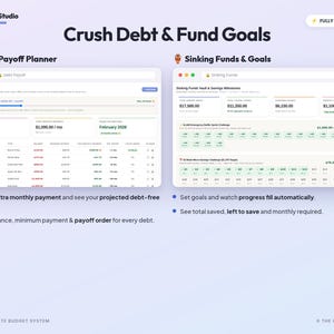 May include: A digital dashboard titled Crush Debt & Fund Goals by The GridX Studio. It features two sections: Debt Payoff Planner and Sinking Funds & Goals, displaying financial data, progress bars, and automated savings trackers in a clean layout.