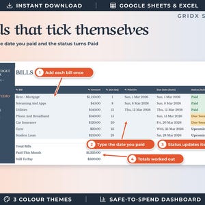May include: A digital budget planner spreadsheet interface titled Bills that tick themselves. The table displays columns for bill names, amounts, due days, payment dates, and automated status updates. Orange callout boxes with numbered instructions point to specific sections of the financial tracker, which includes categories like Rent, Utilities, and Insurance.
