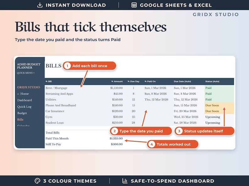 May include: A digital budget planner spreadsheet interface titled Bills that tick themselves. The table displays columns for bill names, amounts, due days, payment dates, and automated status updates. Orange callout boxes with numbered instructions point to specific sections of the financial tracker, which includes categories like Rent, Utilities, and Insurance.