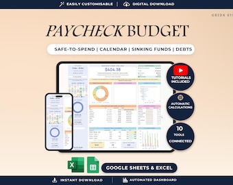 May include: A digital Paycheck Budget spreadsheet displayed on a tablet and smartphone screen. The interface includes sections for safe-to-spend, calendar, sinking funds, and debts. Features include tutorials, automatic calculations, and 10 connected tools compatible with Google Sheets and Excel.