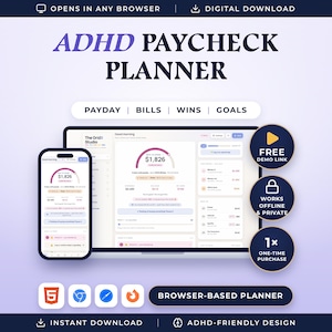 Peut inclure: Un planificateur de paie num&eacute;rique ADHD affich&eacute; sur un &eacute;cran d'ordinateur portable et un smartphone. L'interface pr&eacute;sente des sections de suivi financier pour la paie, les factures, les gains et les objectifs. Des badges indiquent un lien de d&eacute;mo.