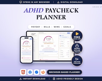 Peut inclure: Un planificateur de paie numérique ADHD affiché sur un écran d'ordinateur portable et un smartphone. L'interface présente des sections de suivi financier pour la paie, les factures, les gains et les objectifs. Des badges indiquent un lien de démo.