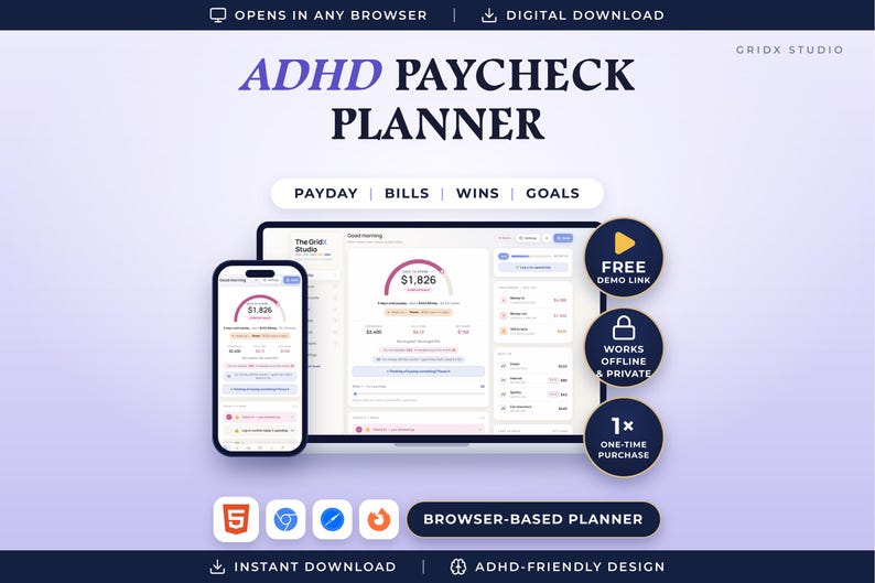 Peut inclure: Un planificateur de paie num&eacute;rique ADHD affich&eacute; sur un &eacute;cran d'ordinateur portable et un smartphone. L'interface pr&eacute;sente des sections de suivi financier pour la paie, les factures, les gains et les objectifs. Des badges indiquent un lien de d&eacute;mo.