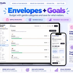 May include: The GridX Studio ADHD Budget Planner interface displayed on a laptop and smartphone. The screen shows Envelopes and Goals with text including Envelopes + Goals, Budget with gentle categories, and Category-Based Budgeting.
