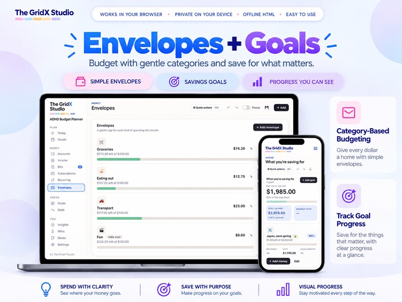 May include: The GridX Studio ADHD Budget Planner interface displayed on a laptop and smartphone. The screen shows Envelopes and Goals with text including Envelopes + Goals, Budget with gentle categories, and Category-Based Budgeting.