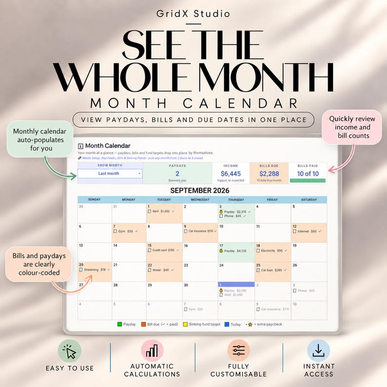May include: A digital month calendar template for September 2026 titled GridX Studio See The Whole Month. The interface displays paydays, bills, and due dates with color-coded entries, income summaries, and bill tracking features.