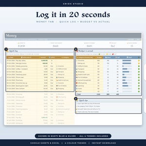May include: A digital financial tracking spreadsheet titled Log it in 20 seconds, featuring a Money tab with sections for Quick log, Budget vs actual, and Quick tips. The interface displays columns for date, description, amount, and category.