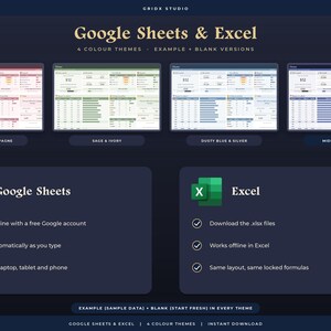 K&ouml;nnte beinhalten: Eine digitale Produktanzeige f&uuml;r Google Sheets und Excel mit vier Farbthemen: Blush und Champagner, Salbei und Elfenbein, Staubblau und Silber sowie Mitternacht und Gold. Das Layout enth&auml;lt Funktionslisten f&uuml;r beide Softwareplattformen.