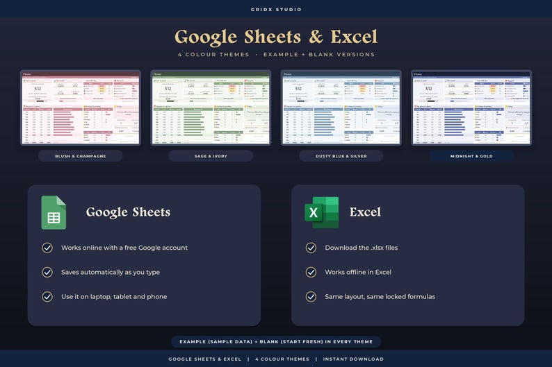 K&ouml;nnte beinhalten: Eine digitale Produktanzeige f&uuml;r Google Sheets und Excel mit vier Farbthemen: Blush und Champagner, Salbei und Elfenbein, Staubblau und Silber sowie Mitternacht und Gold. Das Layout enth&auml;lt Funktionslisten f&uuml;r beide Softwareplattformen.