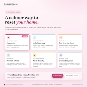 May include: A digital product landing page for The GridX Studio app titled A calmer way to reset your home. It features six informational cards detailing app benefits like a free demo, one-time purchase, and offline privacy, plus call-to-action buttons.