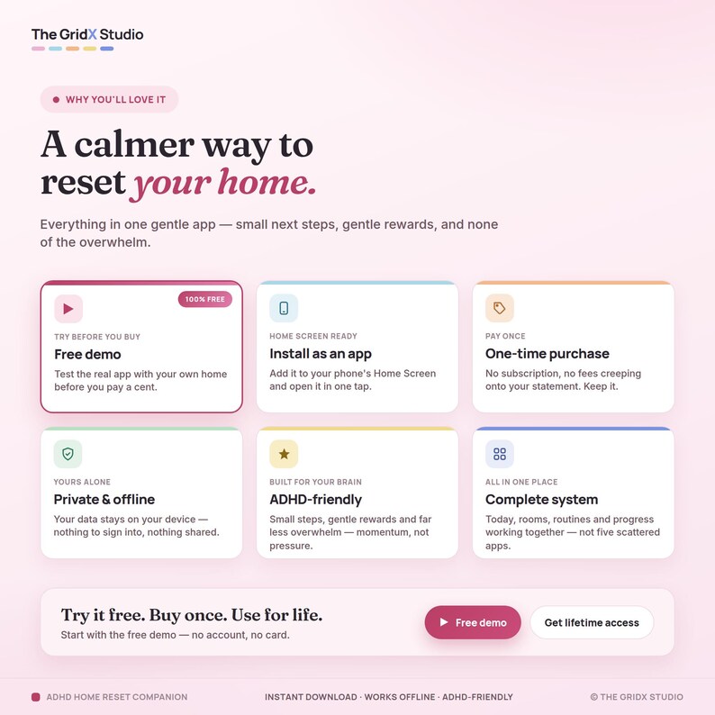 May include: A digital product landing page for The GridX Studio app titled A calmer way to reset your home. It features six informational cards detailing app benefits like a free demo, one-time purchase, and offline privacy, plus call-to-action buttons.