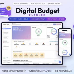 May include: A digital budget planner interface displayed on a laptop screen and a smartphone. The dashboard features financial health charts, spending categories, and achievement icons. Text includes Digital Budget Planner, The GridX Studio, and 14 Tools.