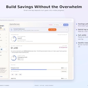 Peut inclure: Une interface num&eacute;rique pour le planificateur budg&eacute;taire ADHD Paycheck Budget Planner de The GridX Studio. L'&eacute;cran affiche un tableau de bord intitul&eacute; Build Savings Without the Overwhelm, avec des objectifs d'&eacute;pargne.