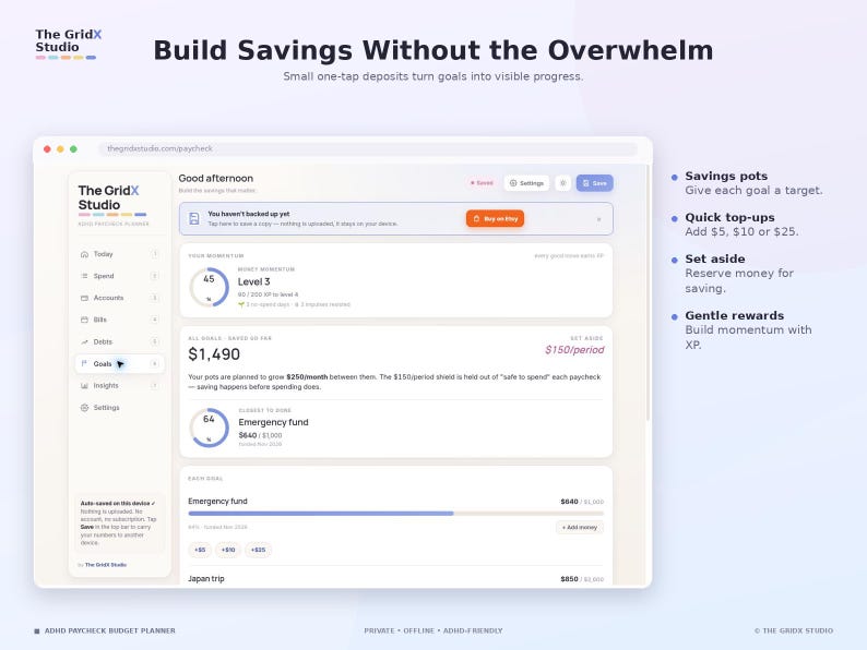Peut inclure: Une interface num&eacute;rique pour le planificateur budg&eacute;taire ADHD Paycheck Budget Planner de The GridX Studio. L'&eacute;cran affiche un tableau de bord intitul&eacute; Build Savings Without the Overwhelm, avec des objectifs d'&eacute;pargne.
