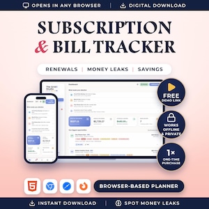 May include: A digital subscription and bill tracker planner displayed on a smartphone and laptop screen. The interface shows financial dashboards with text including SUBSCRIPTION & BILL TRACKER, RENEWALS, MONEY LEAKS, and SAVINGS.