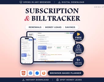 May include: A digital subscription and bill tracker planner displayed on a smartphone and laptop screen. The interface shows financial dashboards with text including SUBSCRIPTION & BILL TRACKER, RENEWALS, MONEY LEAKS, and SAVINGS.