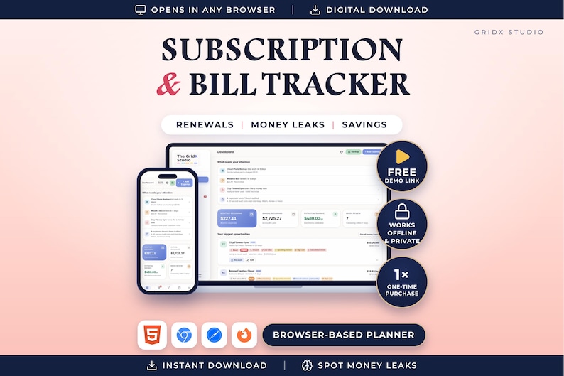 Puede incluir: Un planificador digital de seguimiento de suscripciones y facturas mostrado en una pantalla de smartphone y port&aacute;til. La interfaz muestra paneles financieros con el texto SUBSCRIPTION & BILL TRACKER.