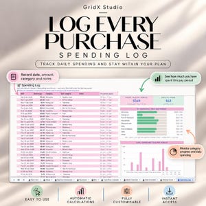 May include: A digital spending log spreadsheet template by GridX Studio titled LOG EVERY PURCHASE. It features a table for date, amount, category, and notes, alongside summary boxes for total spent, safe to spend, and a daily spending bar chart.