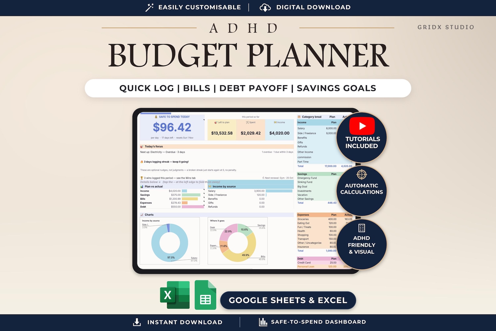 ADHD Budget Planner for Google Sheets and Excel by The GridX Studio