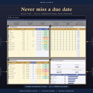 K&ouml;nnte beinhalten: Eine digitale Finanz-Tracking-Tabelle mit dem Titel Bills & Subs, die Bereiche f&uuml;r monatliche Rechnungen, einen Zahlungs-Tracker, Abonnements und Kostenanalysen enth&auml;lt. Die Oberfl&auml;che hat ein dunkelblaues und goldenes Design.