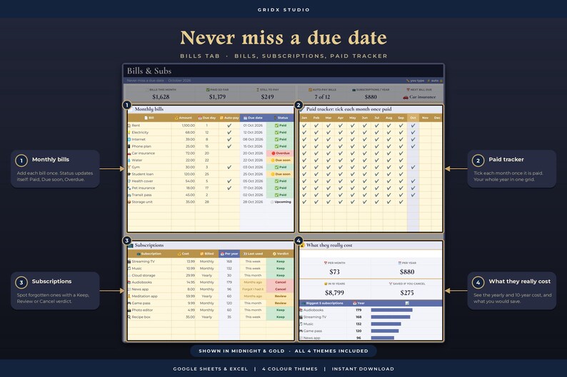 K&ouml;nnte beinhalten: Eine digitale Finanz-Tracking-Tabelle mit dem Titel Bills & Subs, die Bereiche f&uuml;r monatliche Rechnungen, einen Zahlungs-Tracker, Abonnements und Kostenanalysen enth&auml;lt. Die Oberfl&auml;che hat ein dunkelblaues und goldenes Design.